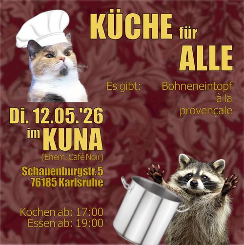 Sharepic with a cooking cat and raccoon.