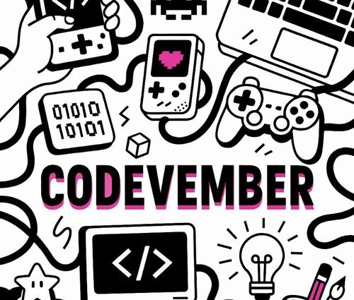 A text saying Codevember with items like lightbulb, gamepads, binary numbers around it
