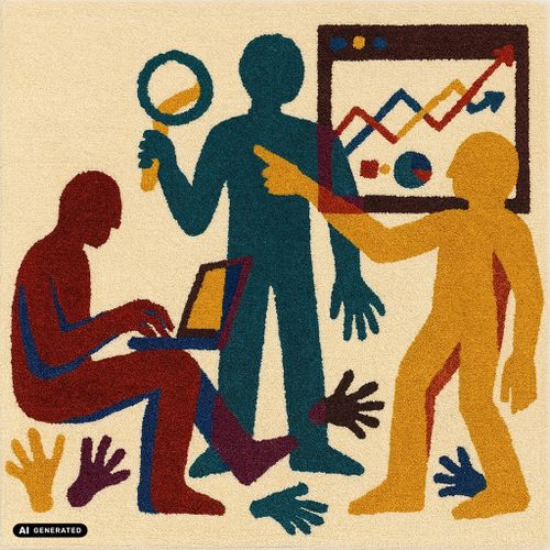 An AI generated image that remembers the collages of Matisse, with three Figures standing around hands and data.