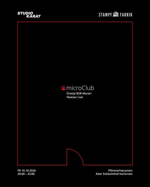 Poster of microClub, with a black background and a red planning of a room, with a door below 