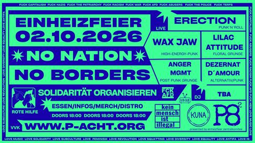A poster with blue letters and the whole programme with "No Nation, No Borders: Solidarität Organisieren"