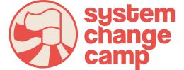Logo of System Change Camp in red-orang letters in front of a white background